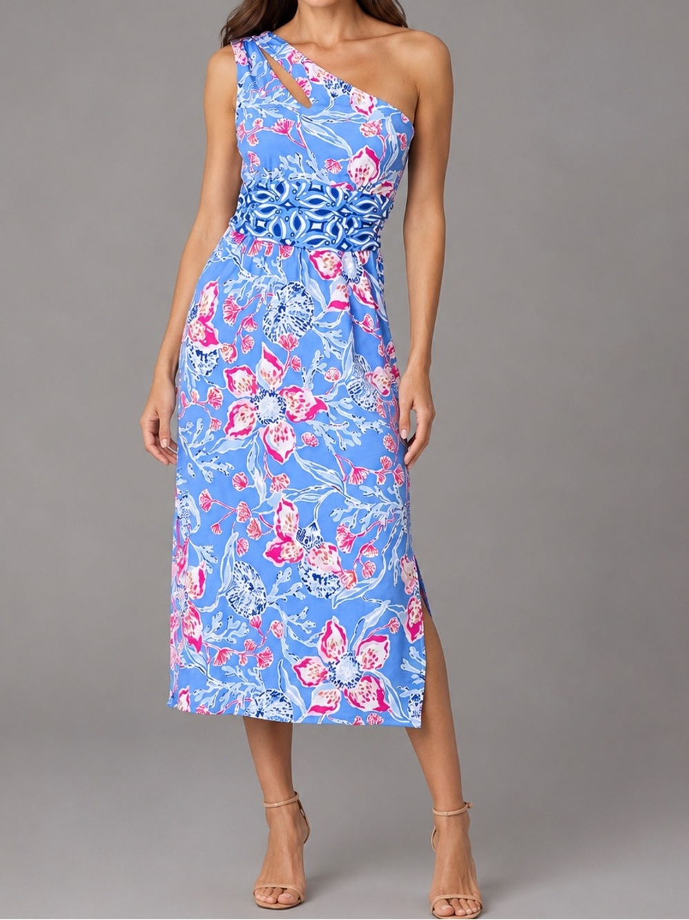 Lilly Pulitzer Helina One Shoulder Midi Dress Blue Floral Bahamian Rhapsody S